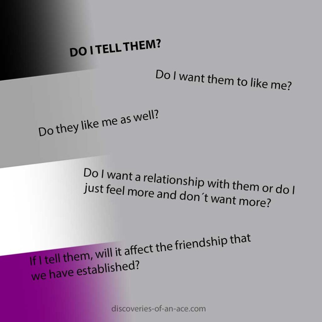 Picture with the following questions: 
DO I TELL THEM?
If I tell them, will it affect the friendship that we have established?
Do they like me as well?
Do I want them to like me?
Do I want a relationship with them or do I  just feel more and don´t want more?